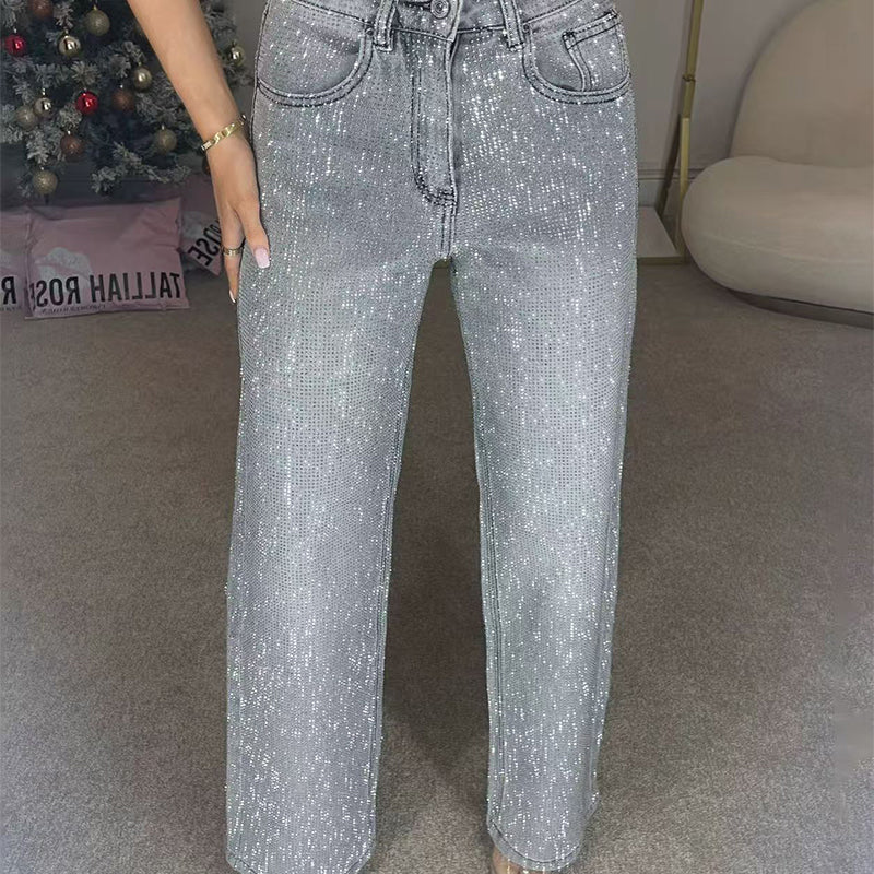 Mobaya | Rhinestone-Embellished Straight-Leg Jeans