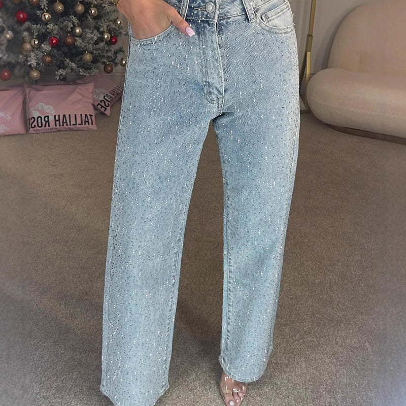 Mobaya | Rhinestone-Embellished Straight-Leg Jeans